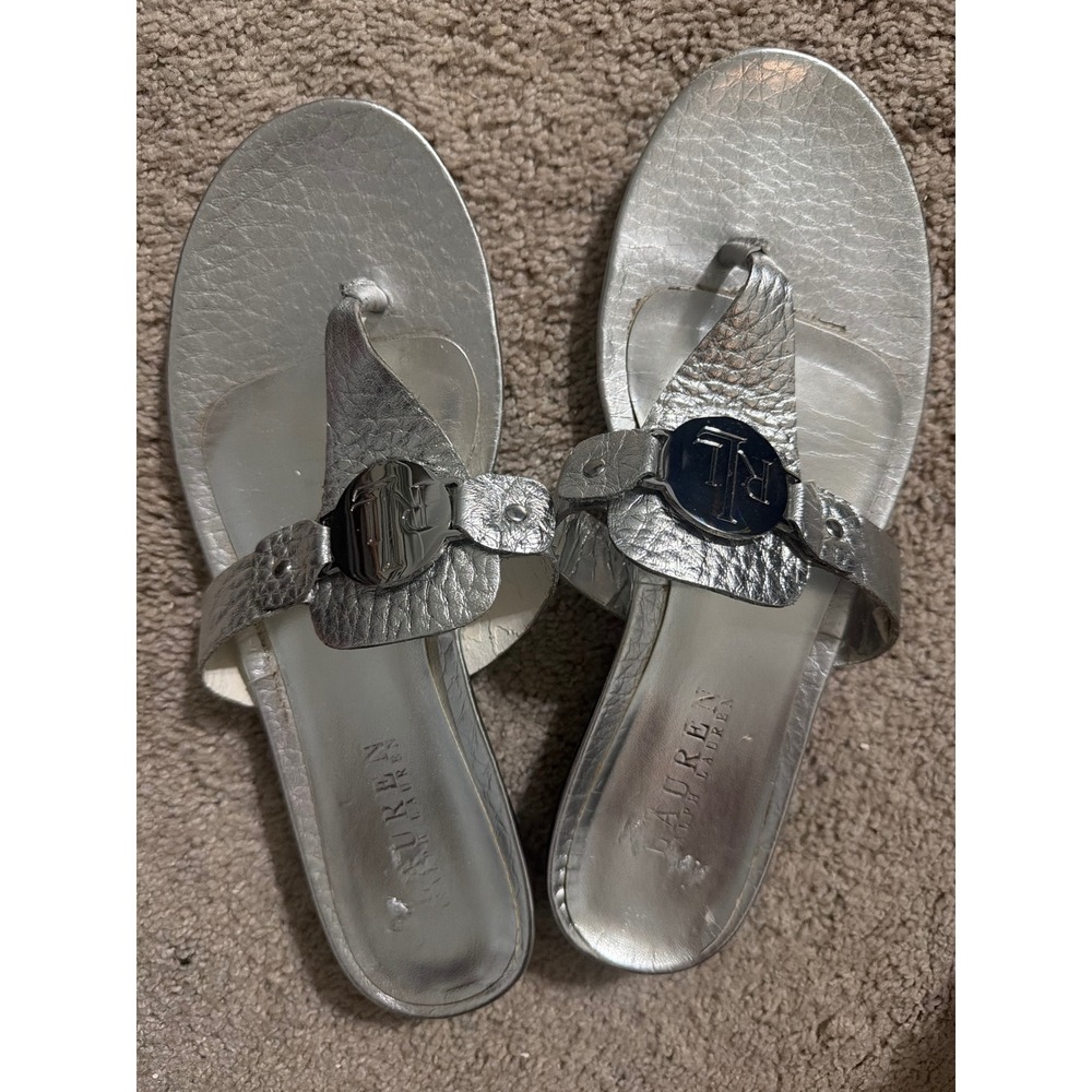 Lauren Ralph Lauren Silver Metallic Leather Thong Sandals RL Logo Flat 8.5B